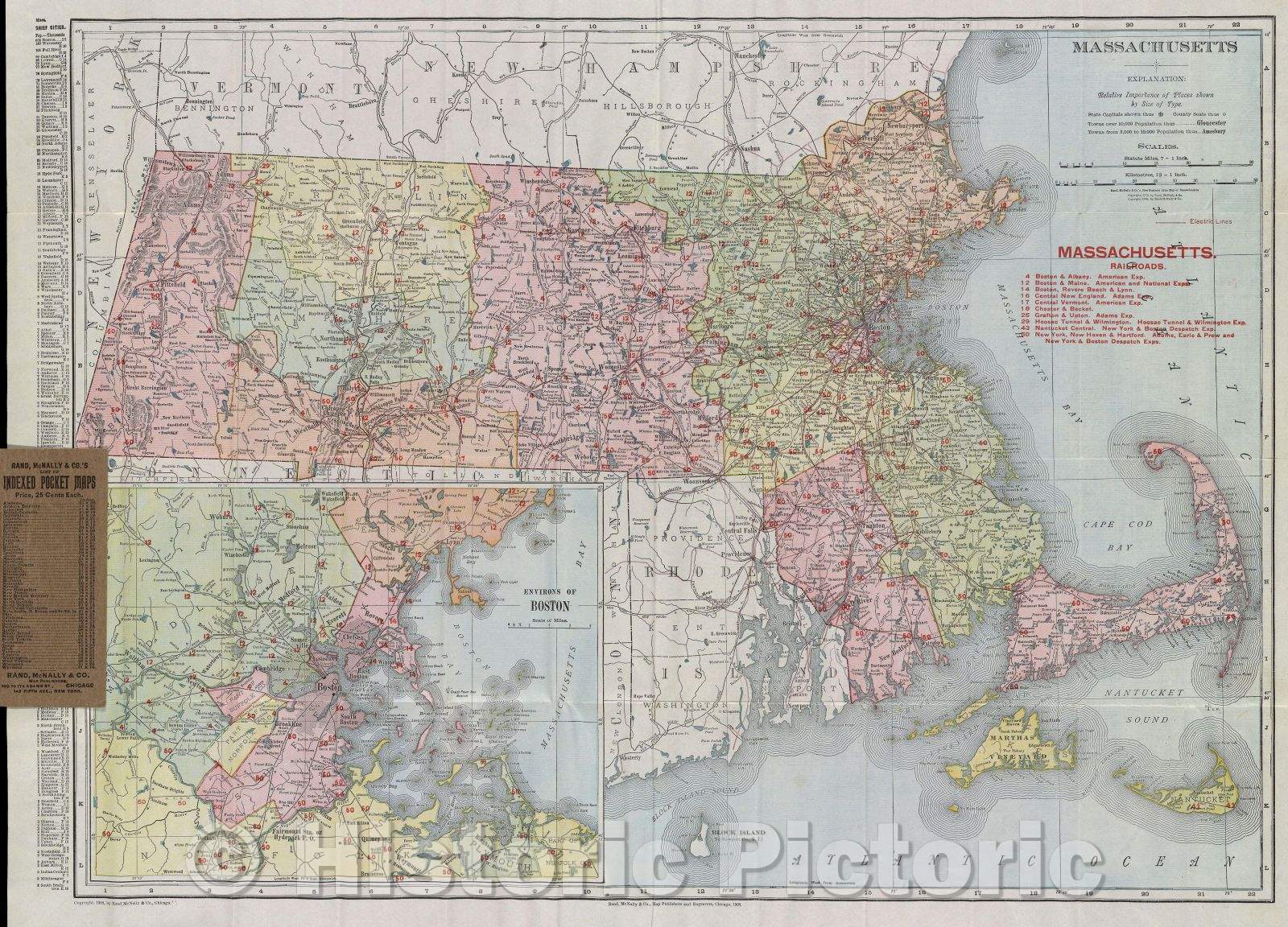 Historic Map : The Rand-McNally Vest Pocket of Massachusetts, 1908 , Vintage Wall Art