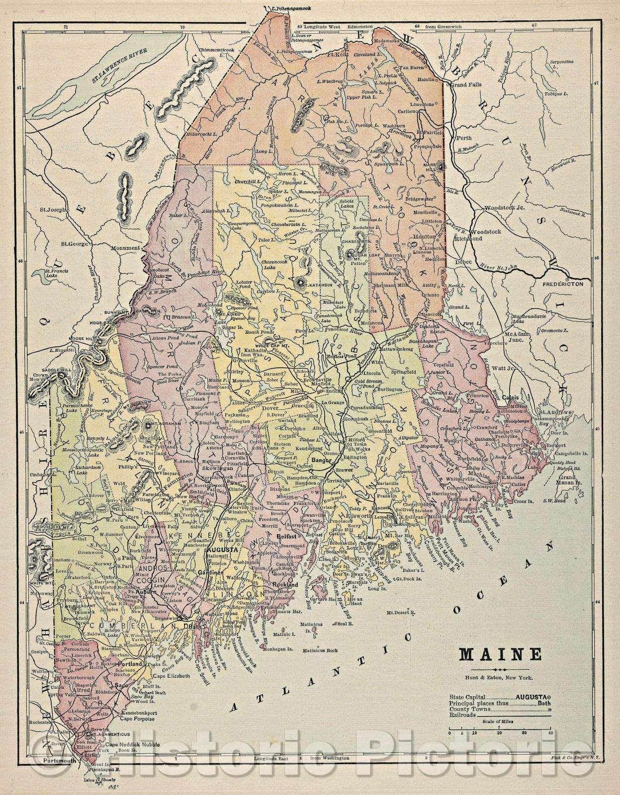 Historic Map : Maine, 1898 , Vintage Wall Art