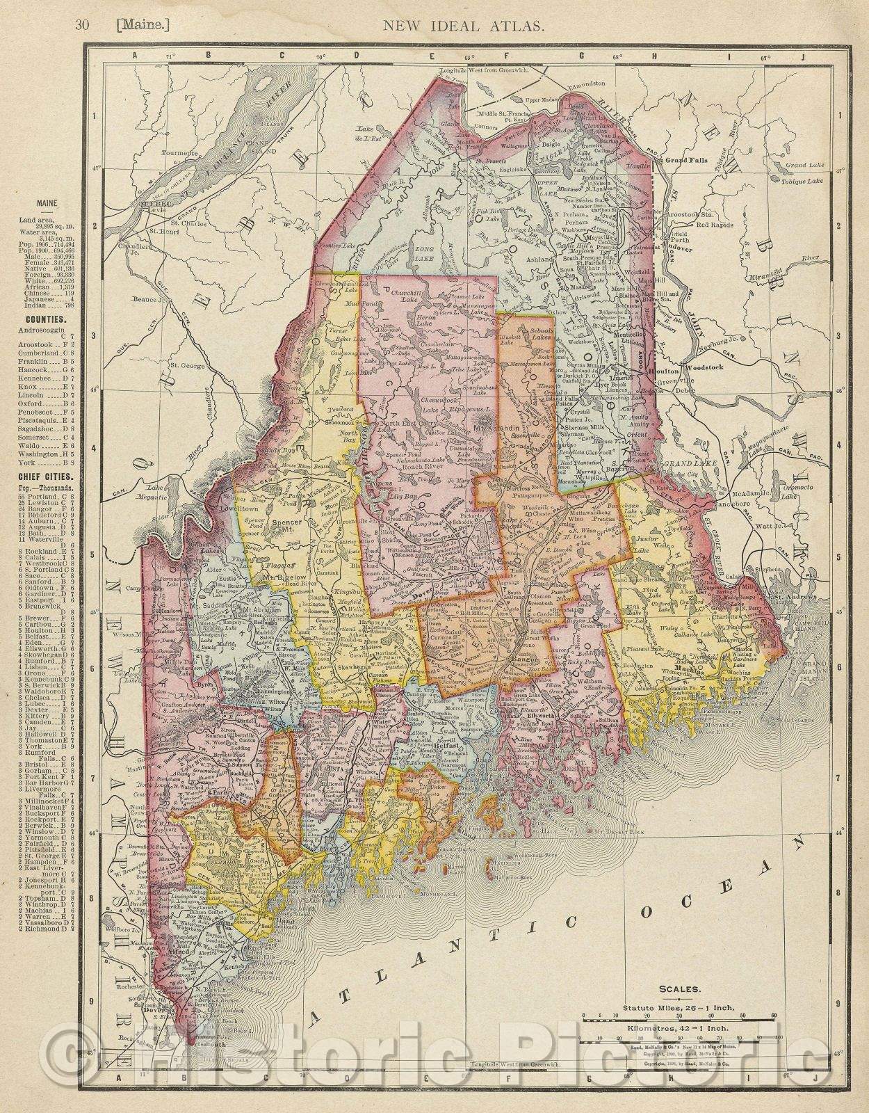 Historic Map : Rand McNally's New 11 x 14 Map of Maine., 1909 , Vintage Wall Art