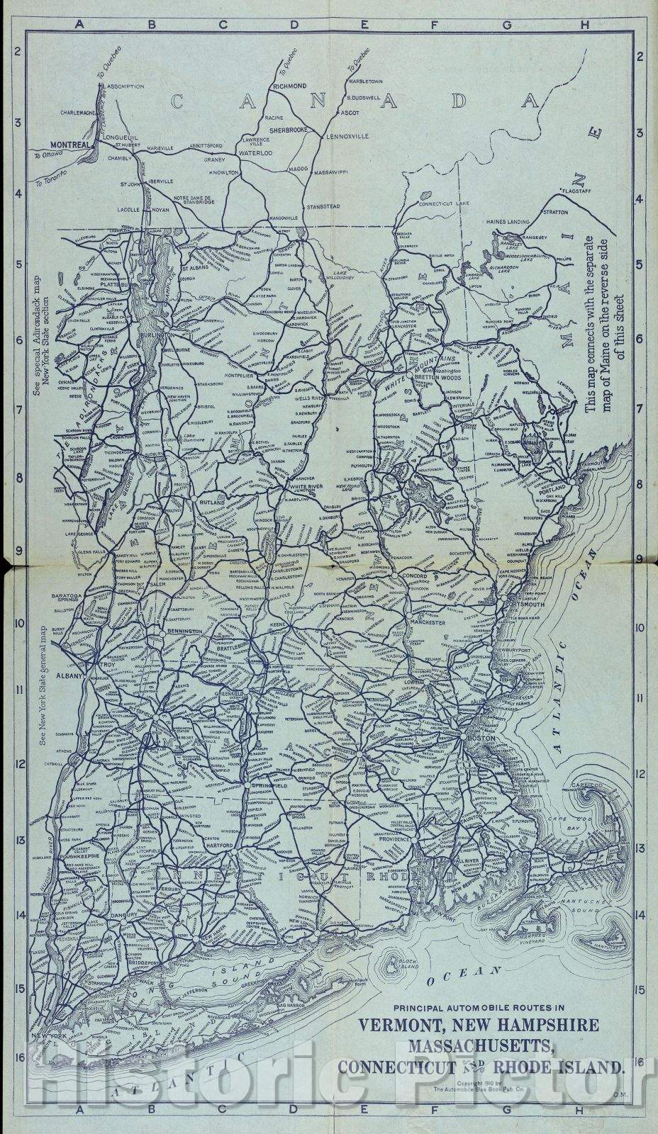Historic Map : General Map of the Principal Automobile Routes in Maine with connections to the Provinces, 1910 , Vintage Wall Art