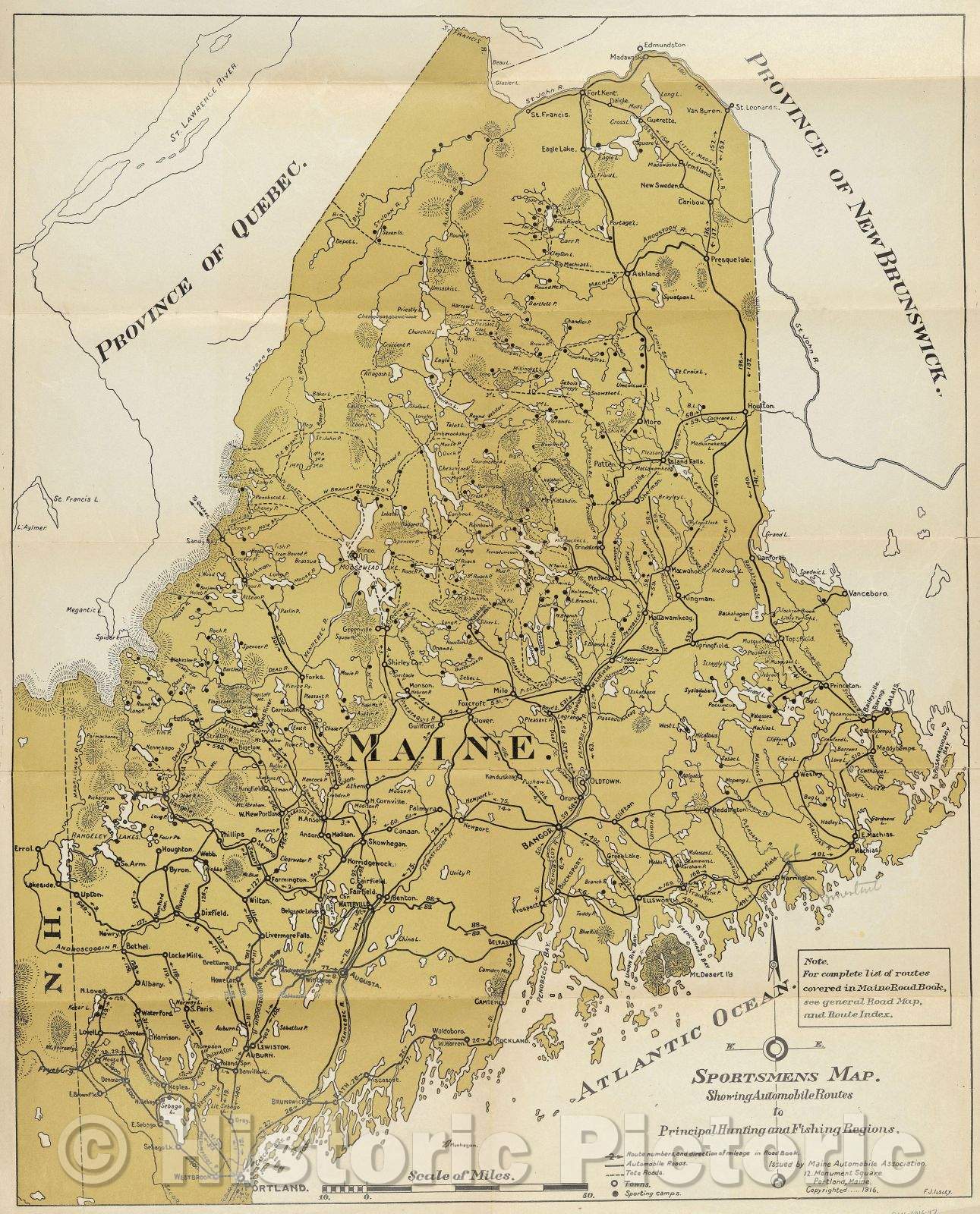 Historic Map : Sportsmens map showing automobile routes to principal hunting and fishing regions, 1916 , Vintage Wall Art