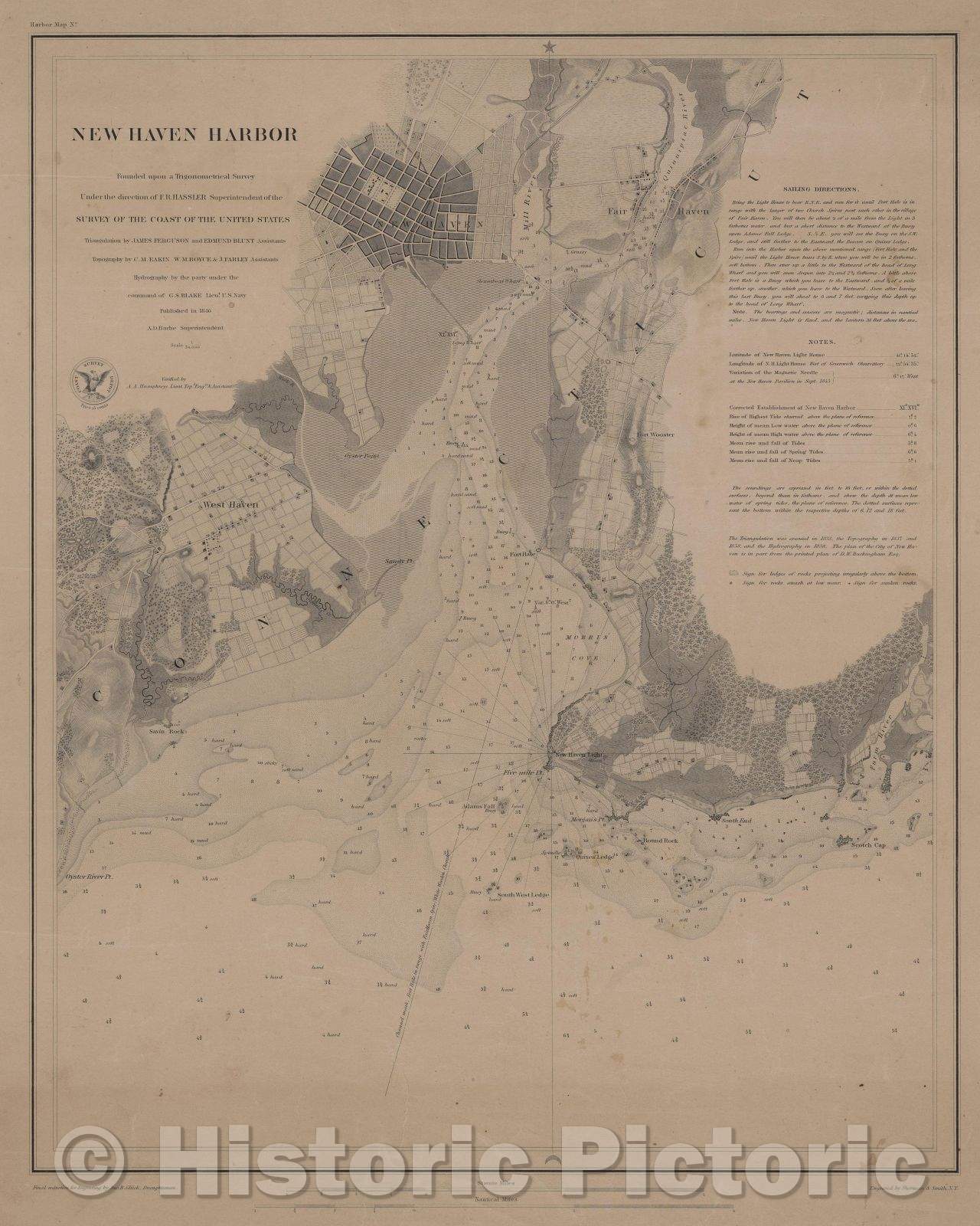 Historic Map : New Haven Harbor, 1846 , Vintage Wall Art