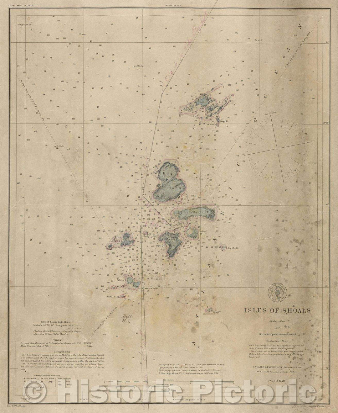 Historic Map : Isles of Shoals, 1874 , Vintage Wall Art