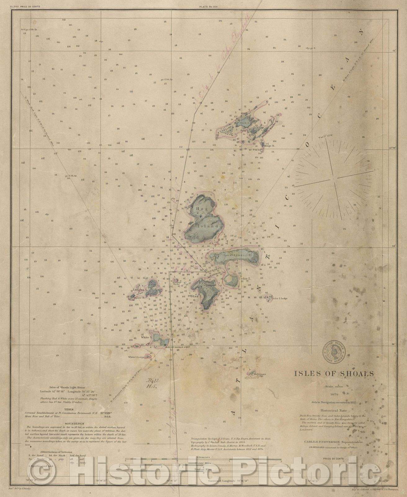 Historic Map : Isles of Shoals, 1874 , Vintage Wall Art