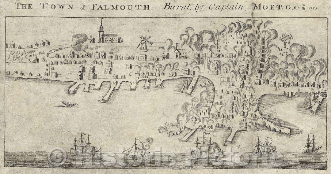 Historic Map : Town of Falmouth burnt by Captain Moet, Octbr. 18th 1775., 1782 , Vintage Wall Art