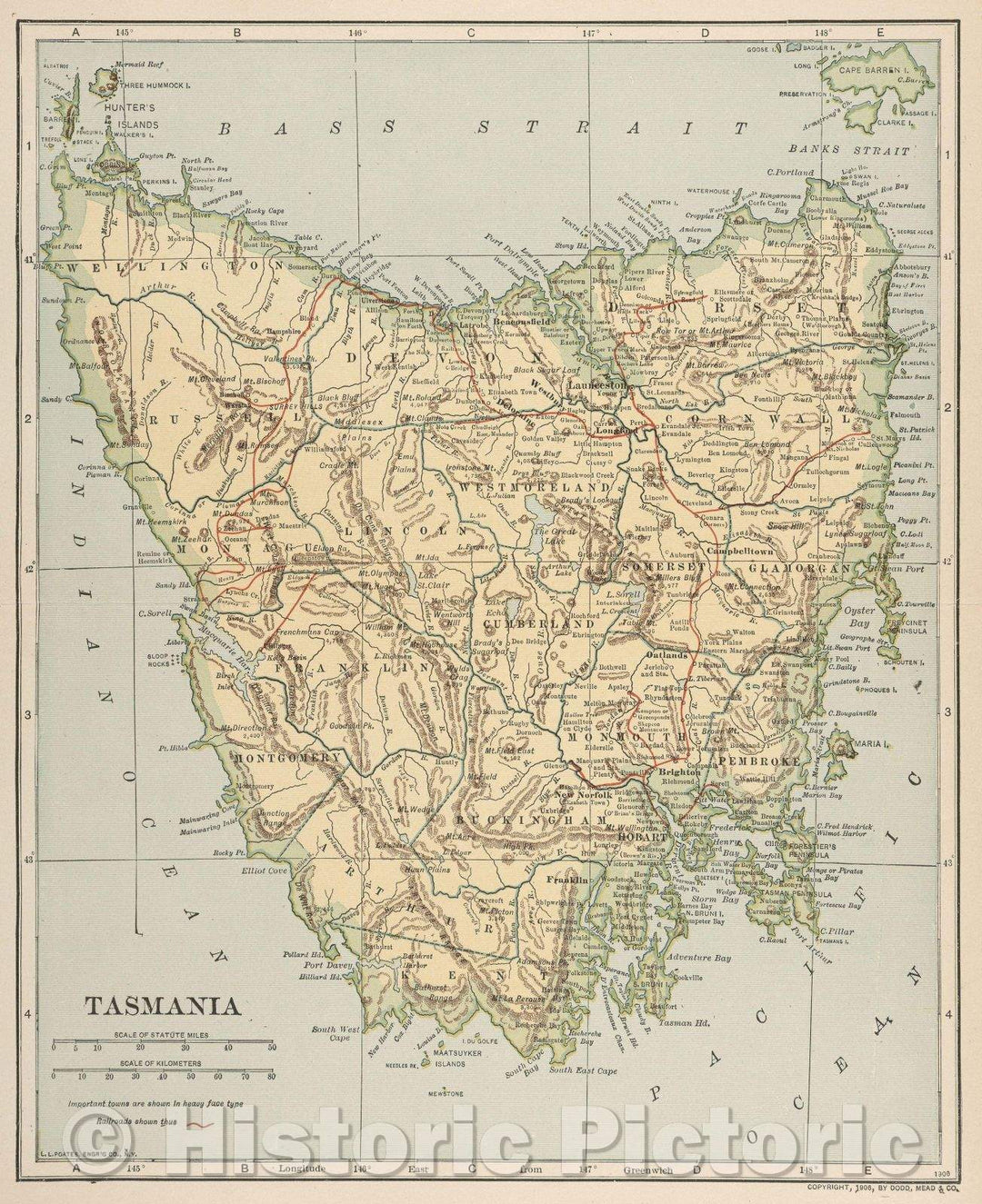 Historic Map : Tasmania, 1906 , Vintage Wall Art