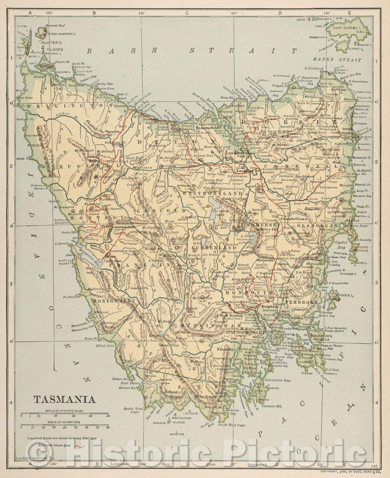 Historic Map : Tasmania, 1906 , Vintage Wall Art