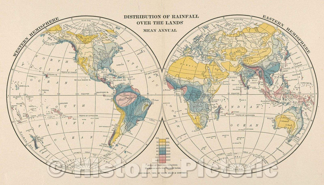 Historic Map : Distribution of Rainfall over the Lands Mean Annual, 1902 , Vintage Wall Art