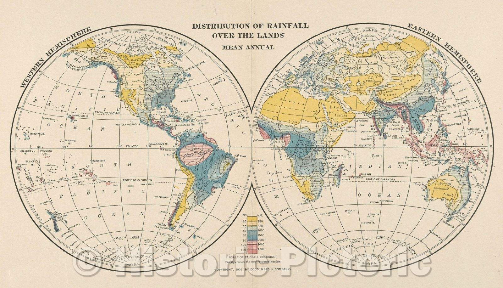 Historic Map : Distribution of Rainfall over the Lands Mean Annual, 1902 , Vintage Wall Art