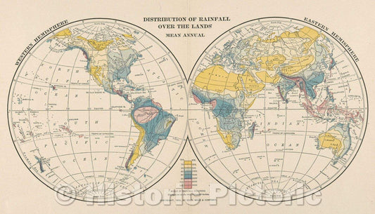 Historic Map : Distribution of Rainfall over the Lands Mean Annual, 1902 , Vintage Wall Art