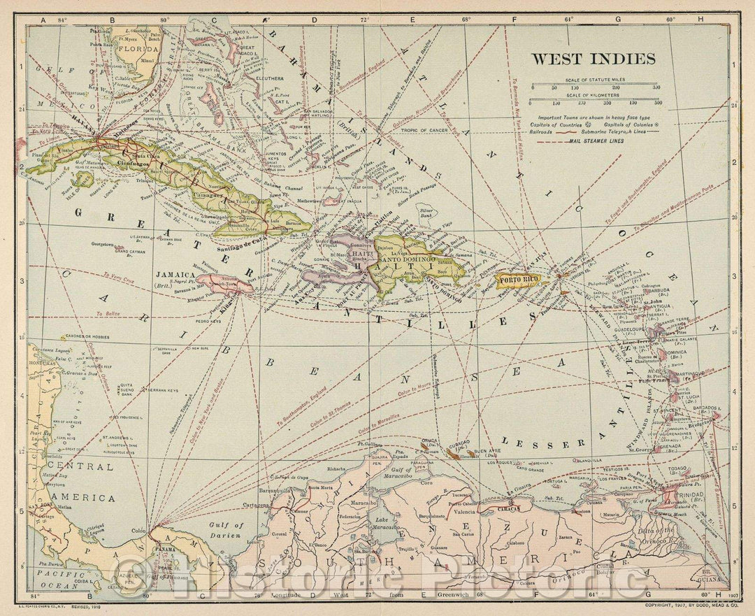 Historic Map : West Indies, 1907 , Vintage Wall Art