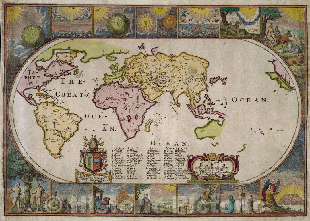 Historic Map : Map of all the earth and how after the flood it was divided among the sons of Noah., 1685 , Vintage Wall Art