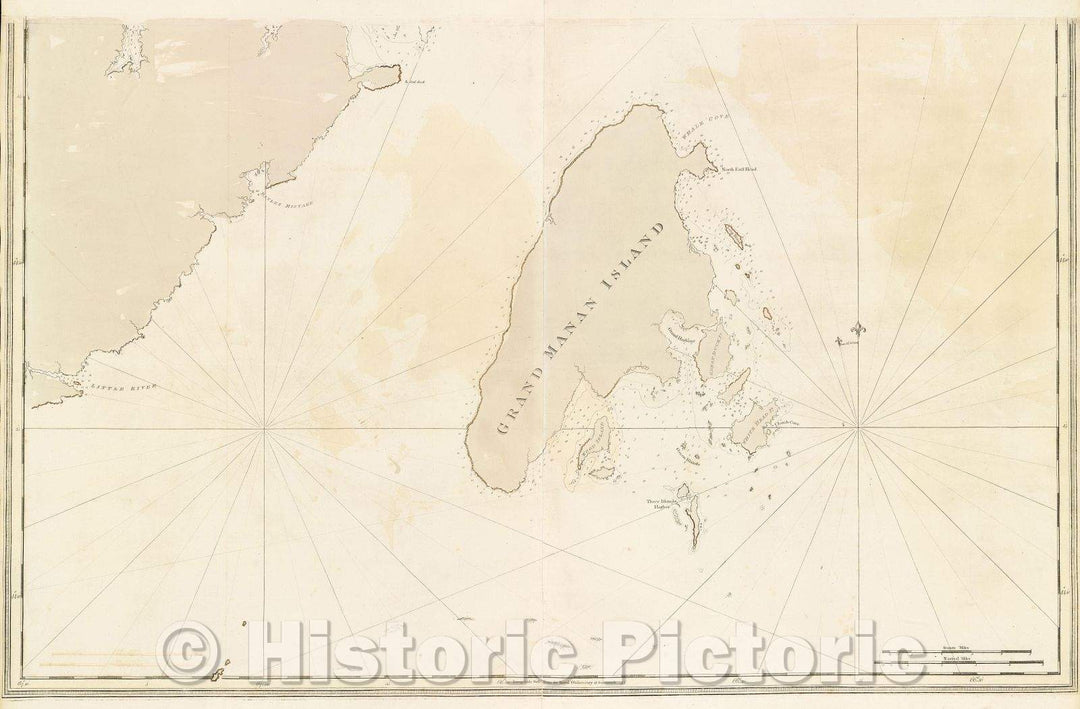 Historic Map : COAST OF MAINE: BOTTOM HALF OF TWO SHEET CHART: GRAND MANAN ISLAND, UNDATED, c. 1779 , Vintage Wall Art