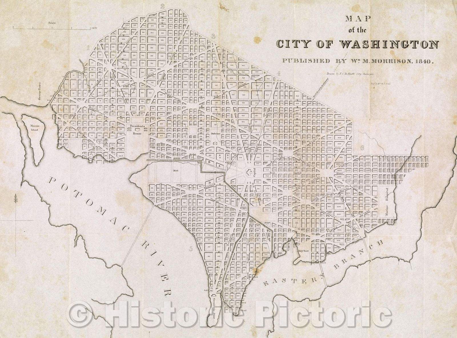 Historic Map : Map of the City of Washington., 1840 , Vintage Wall Art