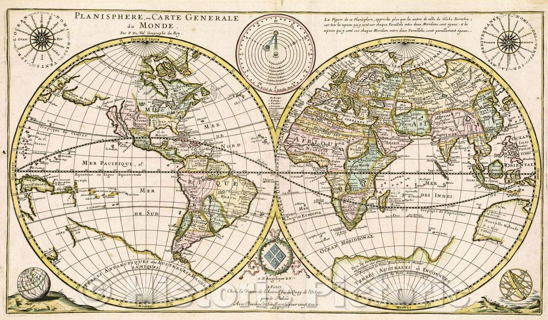 Historic Map : Planisphere, ou Carte generale du Monde par P. Du-Val Geographe du Roy., 1684 , Vintage Wall Art
