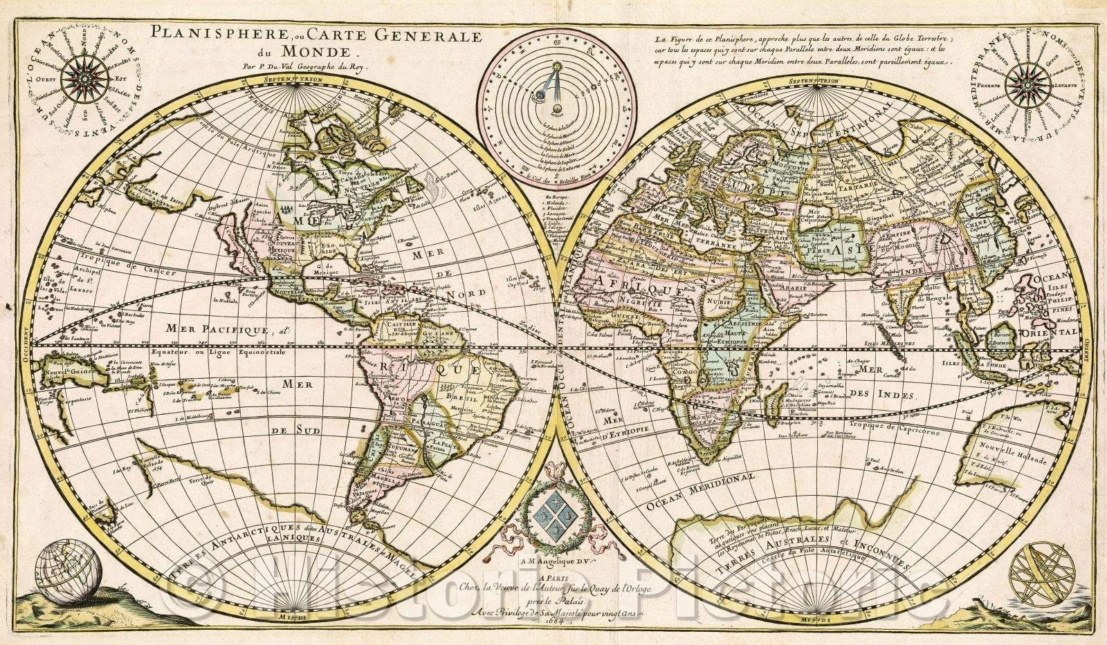 Historic Map : Planisphere, ou Carte generale du Monde par P. Du-Val Geographe du Roy., 1684 , Vintage Wall Art