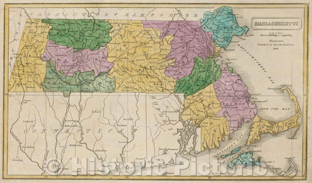Historic Map : Massachusetts, 1839 , Vintage Wall Art , v3