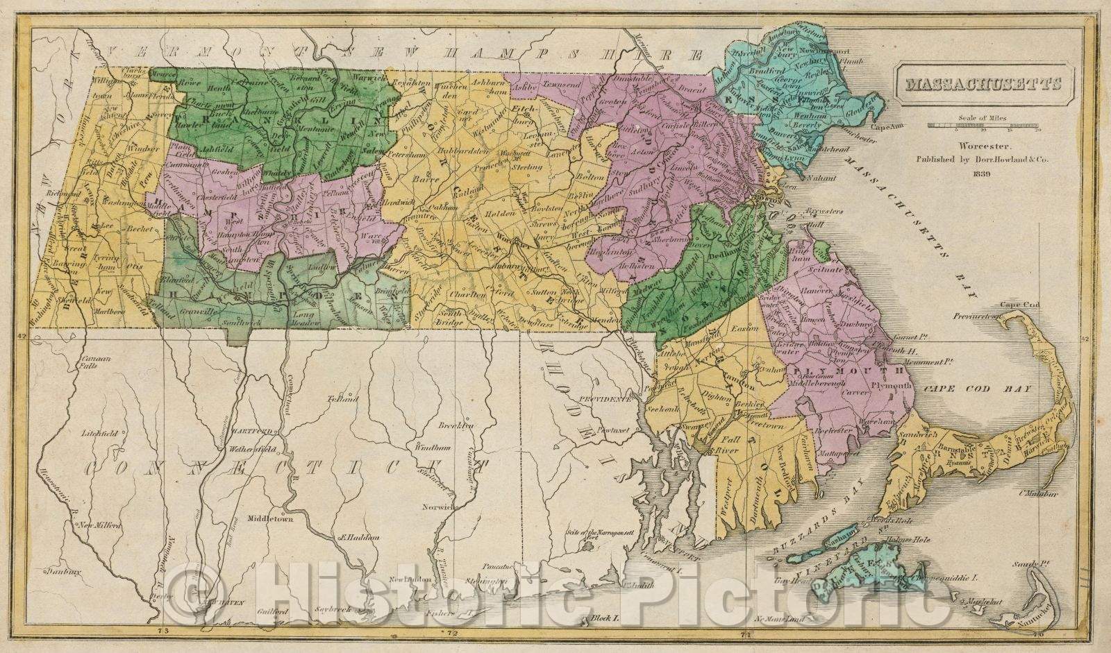 Historic Map : Massachusetts, 1839 , Vintage Wall Art , v3