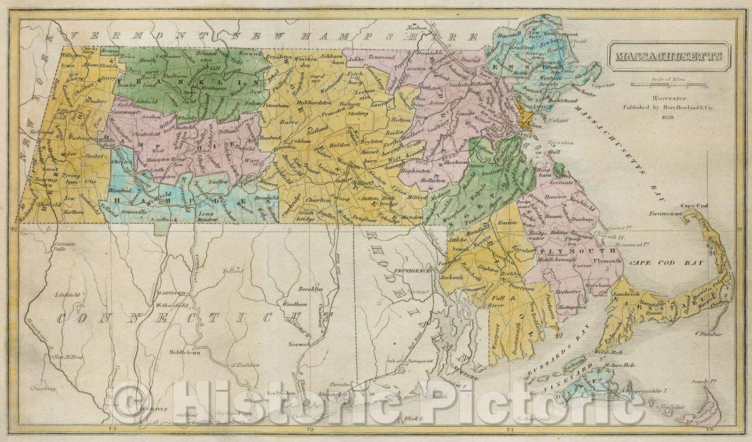 Historic Map : Massachusetts, 1839 , Vintage Wall Art , v2