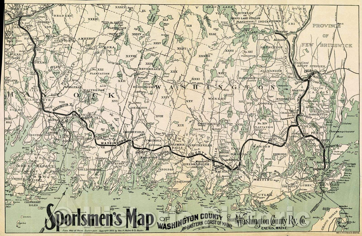 Historic Map : Sportsmen's map of Washington County and eastern coast of Maine, 1893 , Vintage Wall Art