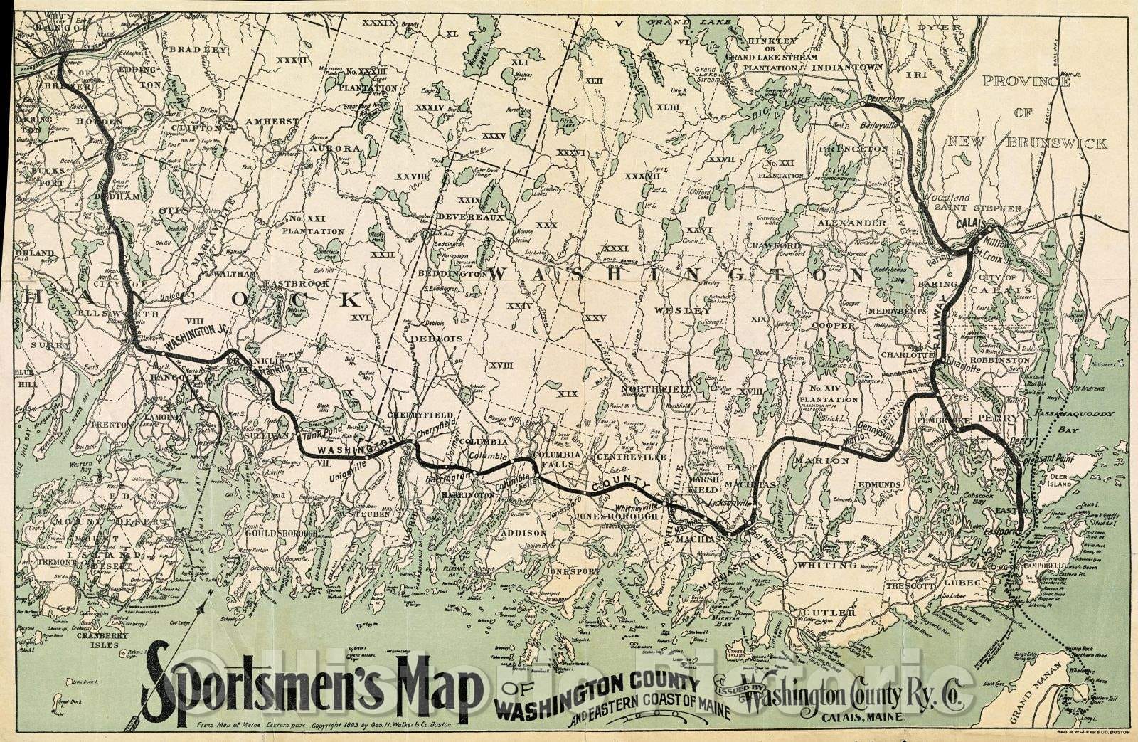 Historic Map : Sportsmen's map of Washington County and eastern coast of Maine, 1893 , Vintage Wall Art