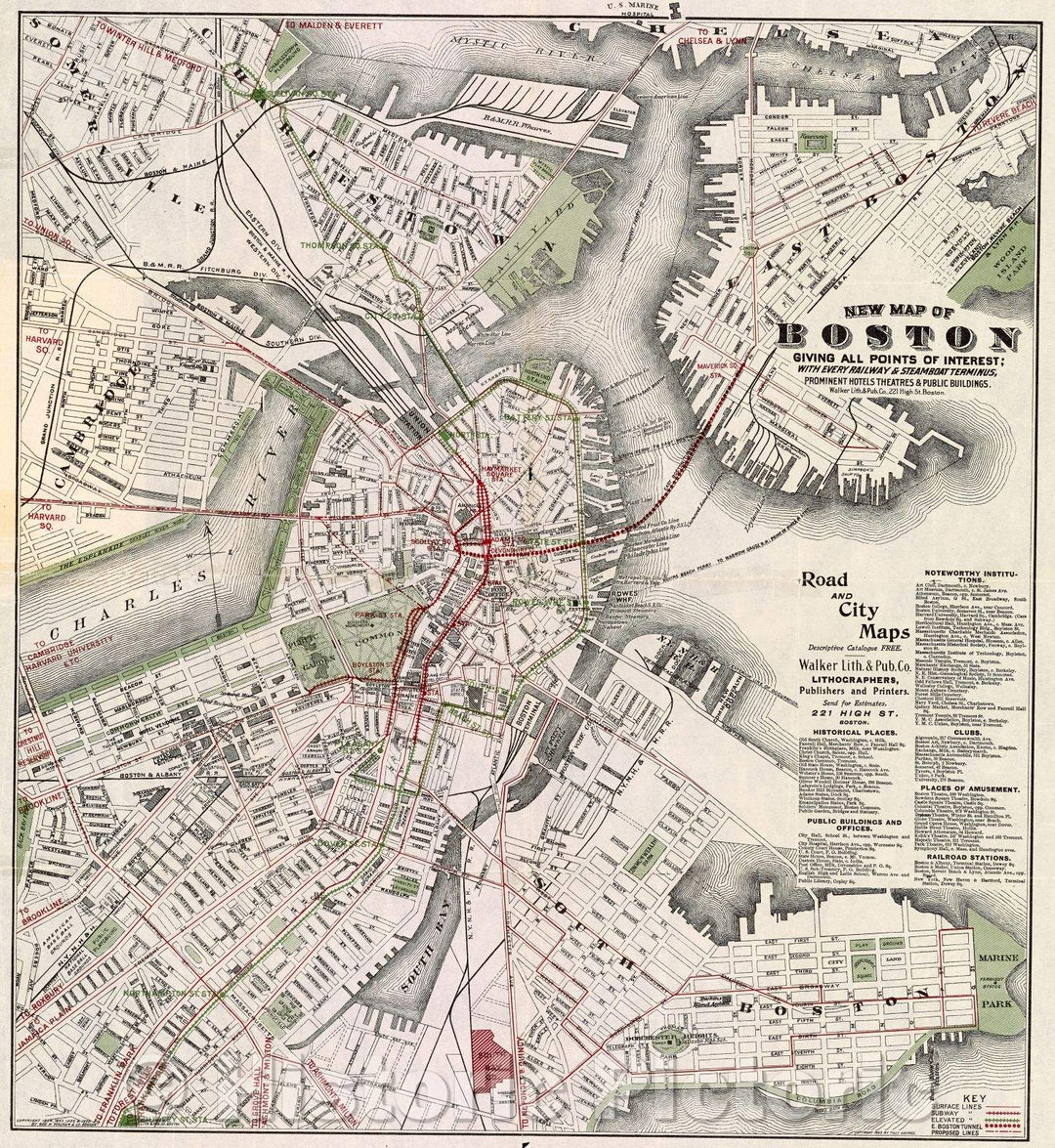 Historic Map : New map of Boston giving all points of interest : with every railway and steamboat terminus, prominent hotels theatres and public buildings, 1883 , Vintage Wall Art