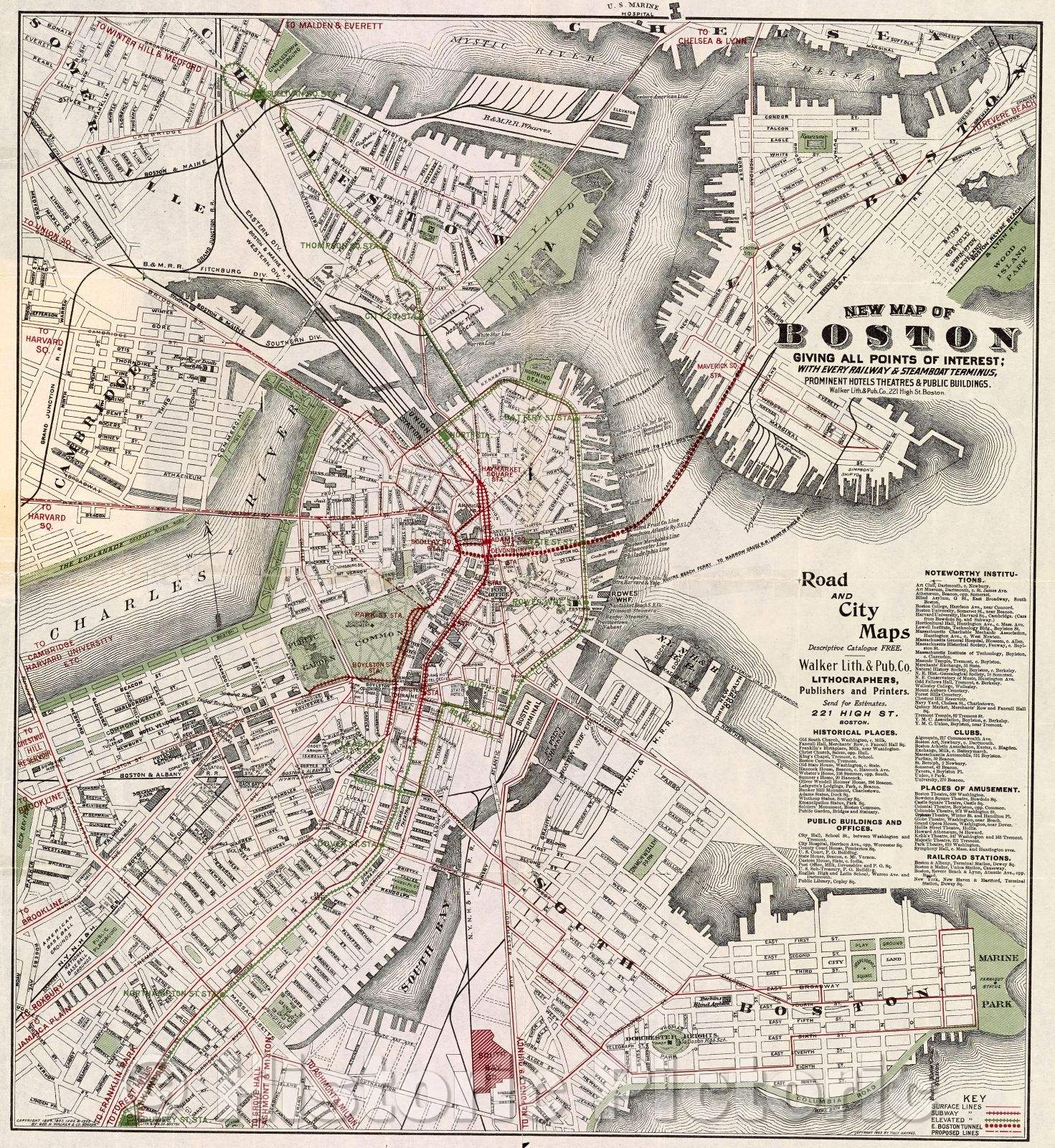 Historic Map : New map of Boston giving all points of interest : with every railway and steamboat terminus, prominent hotels theatres and public buildings, 1883 , Vintage Wall Art