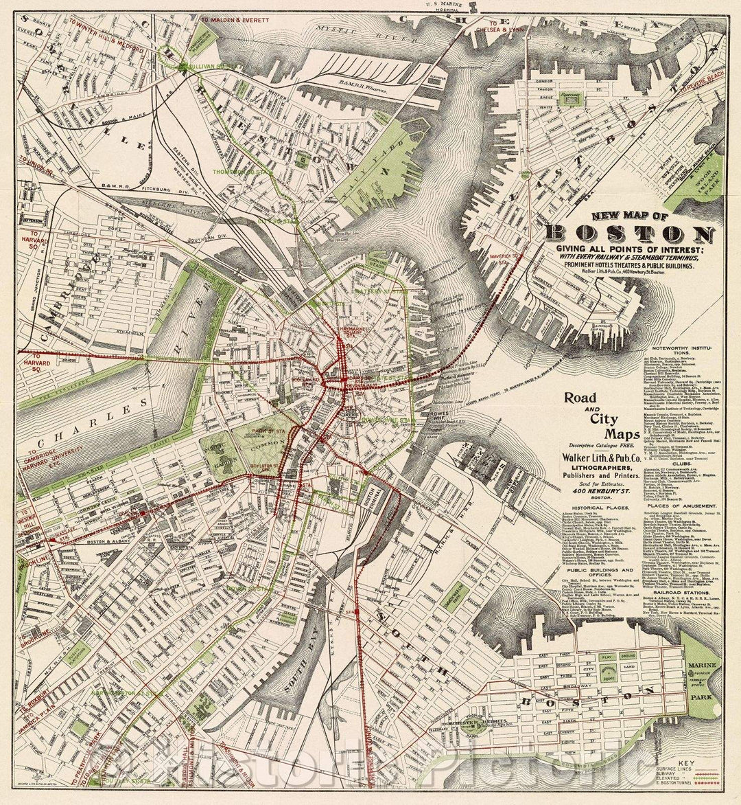 Historic Map : New Map of Boston giving all points of interest, 1910 , Vintage Wall Art