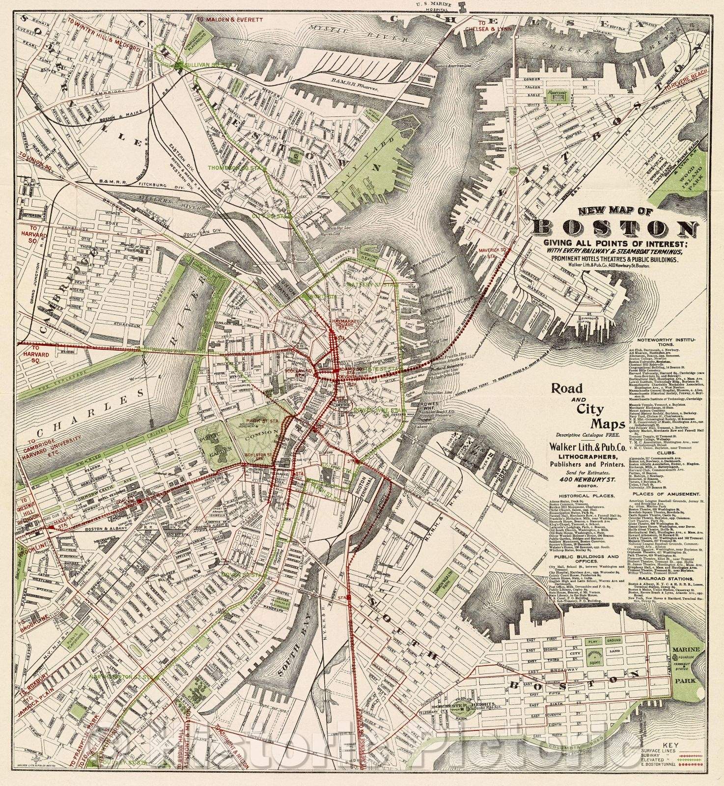 Historic Map : New Map of Boston giving all points of interest, 1910 , Vintage Wall Art