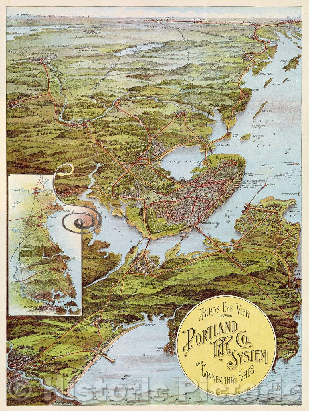 Historic Map : Birds Eye View showing Portland R.R. Co. System and Connecting Lines., 1909 , Vintage Wall Art