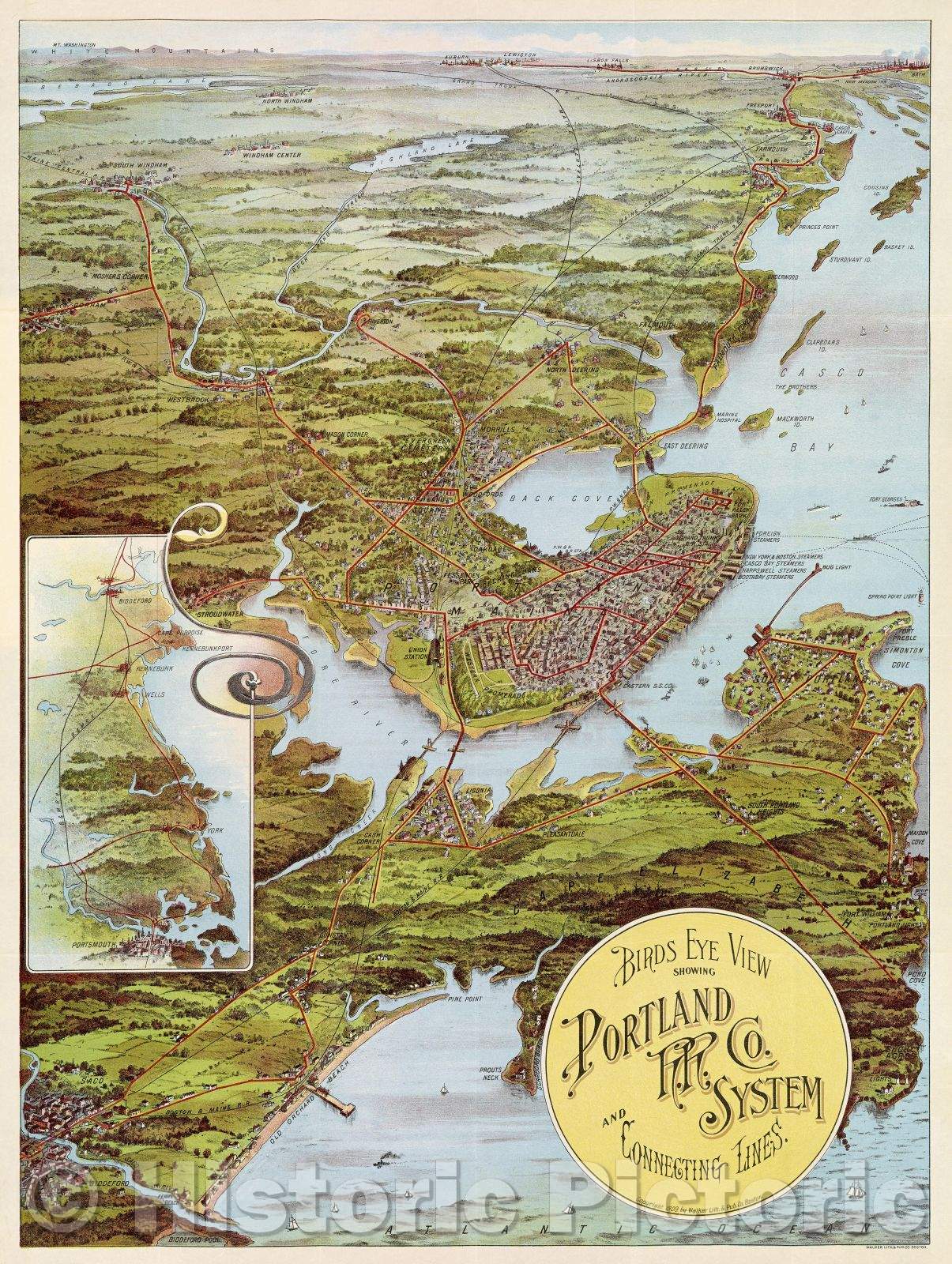 Historic Map : Birds Eye View showing Portland R.R. Co. System and Connecting Lines., 1909 , Vintage Wall Art