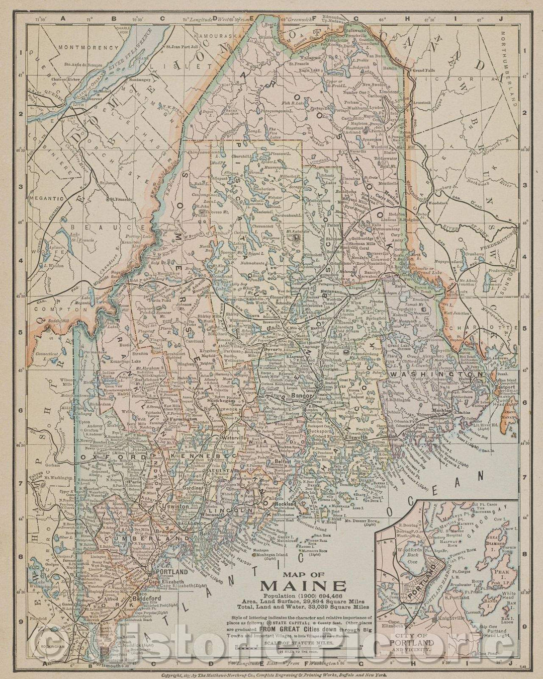 Historic Map : Map of Maine., 1895 , Vintage Wall Art
