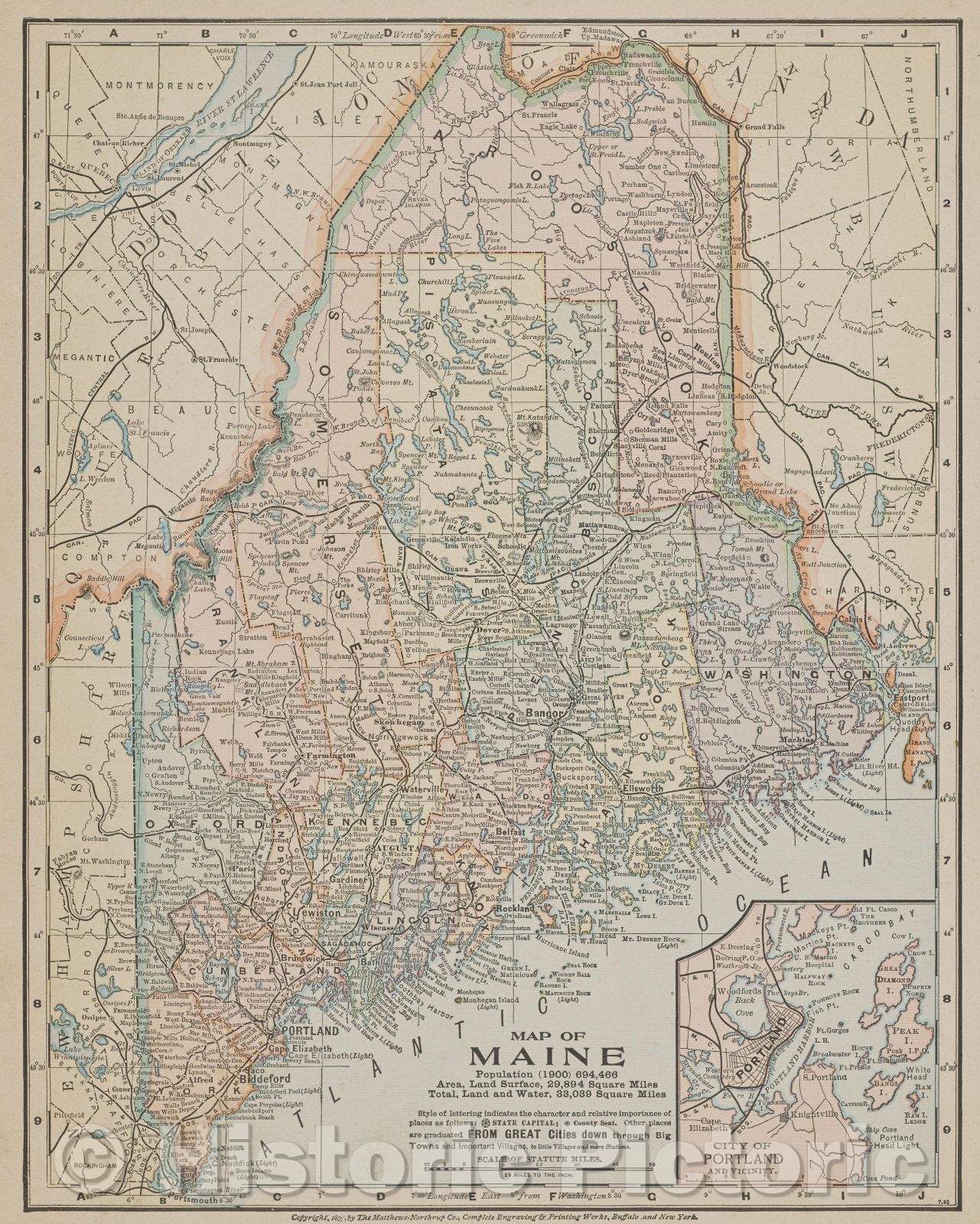 Historic Map : Map of Maine., 1895 , Vintage Wall Art
