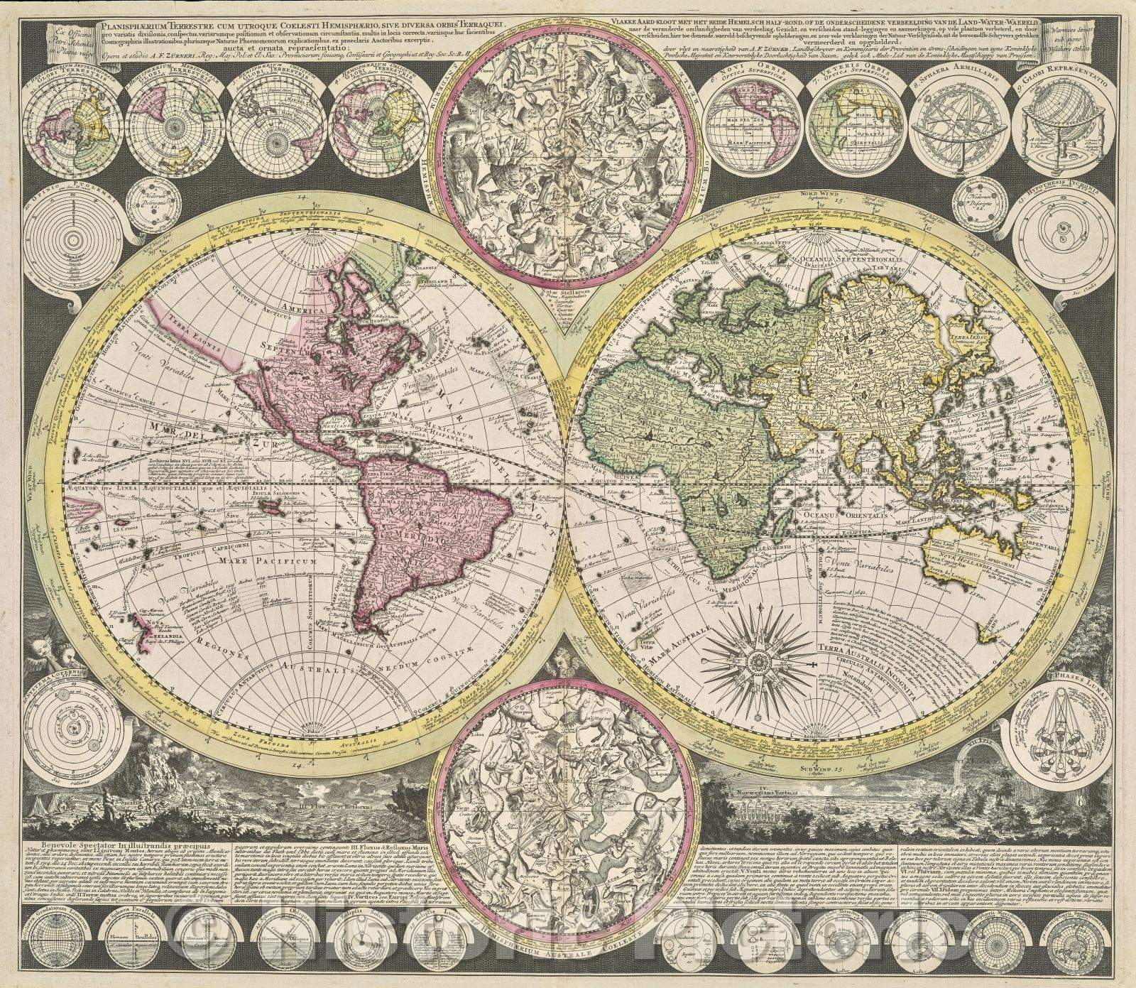 Historic Map : Planisphaerium terrestre cum utroque coelesti hemisphaerio, sive diversa orbis terraquei.., 1700 , Vintage Wall Art