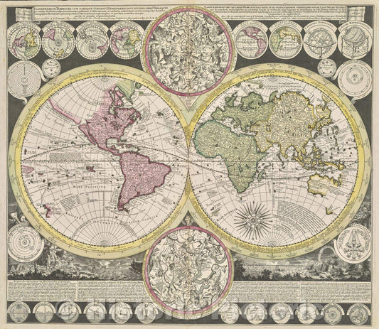 Historic Map : Planisphaerium terrestre cum utroque coelesti hemisphaerio, sive diversa orbis terraquei.., 1700 , Vintage Wall Art