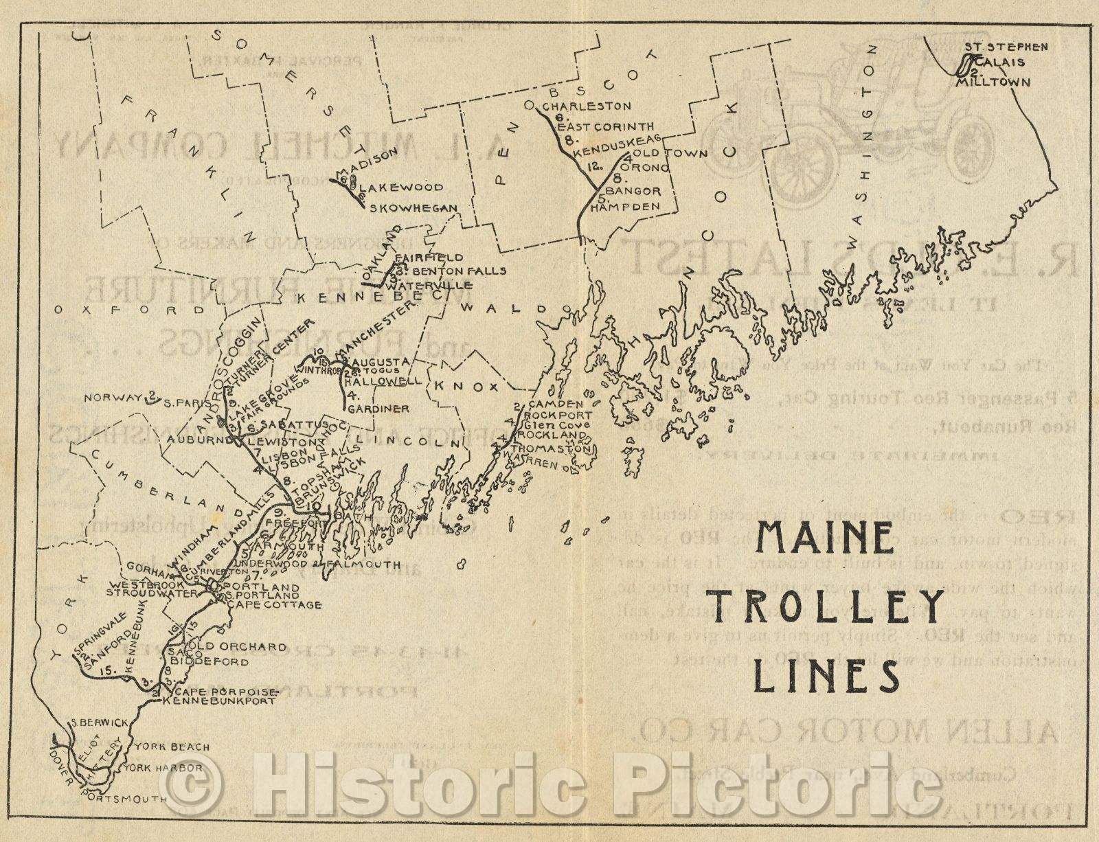 Historic Map : Maine Trolley Lines., Vintage Wall Art