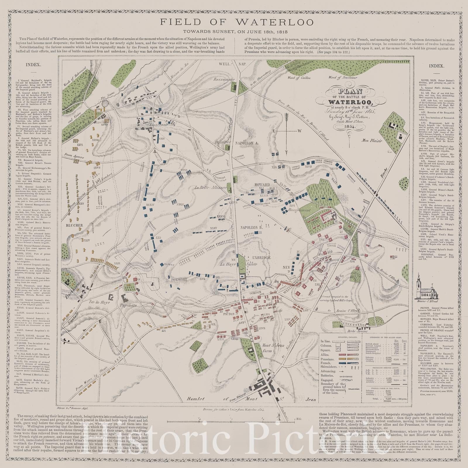 Historic Map : Plan of the Battle of Waterloo at nearly 8 o'clock p.m., Saturday 18th June 1815 by Sergt. Majr. E. Cotton., 1854 , Vintage Wall Art