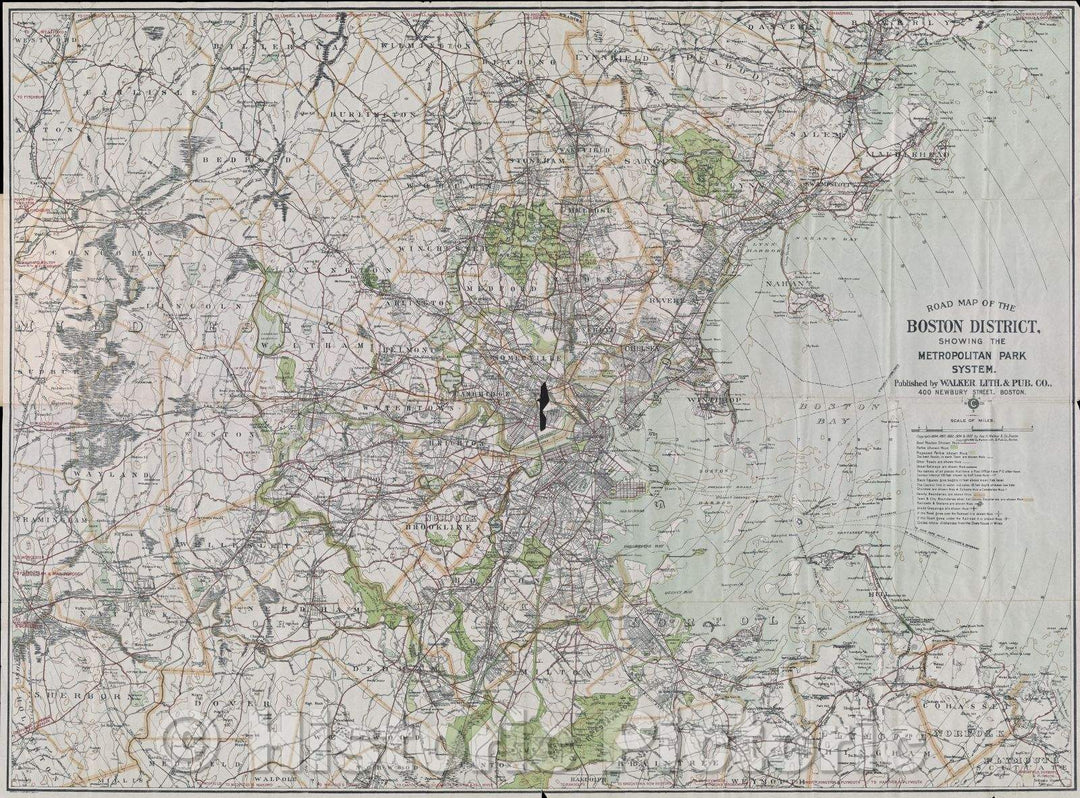 Historic Map : Road map of the Boston district showing the metropolitan park system, 1908 , Vintage Wall Art