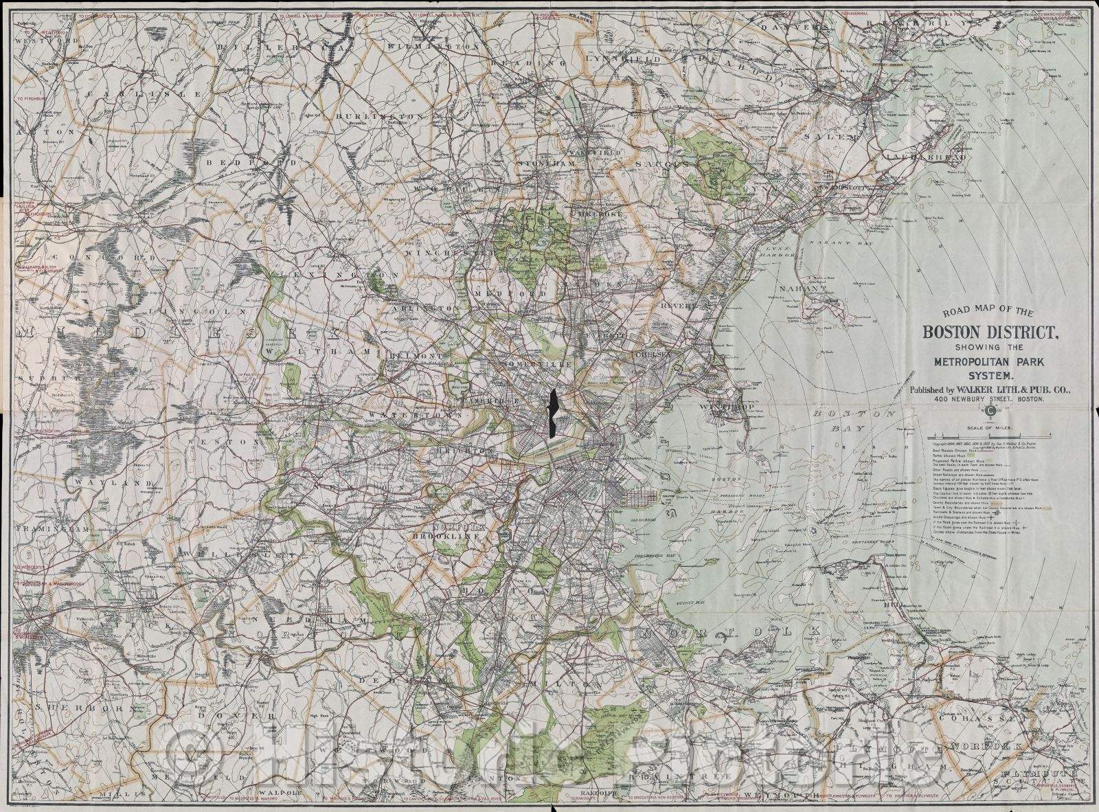 Historic Map : Road map of the Boston district showing the metropolitan park system, 1908 , Vintage Wall Art