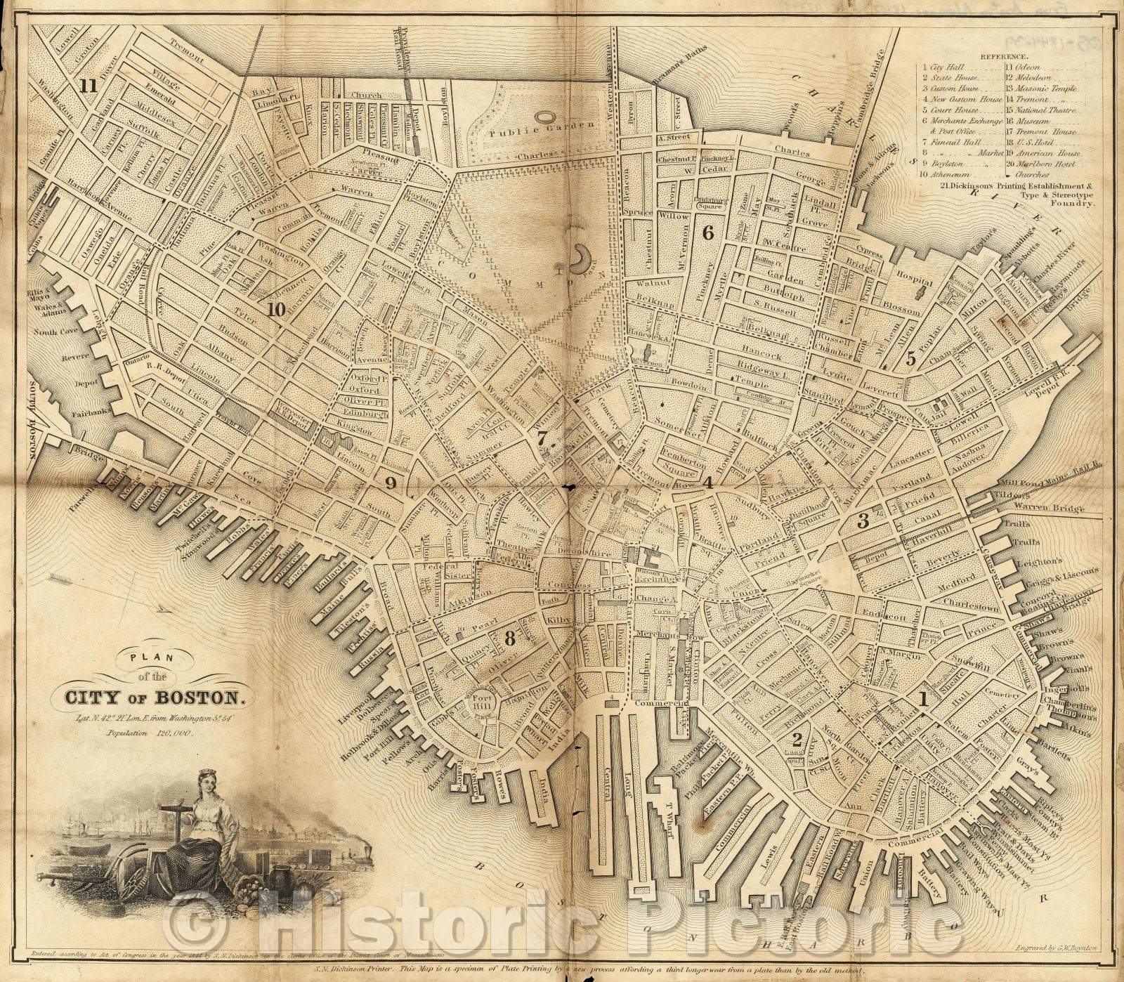 Historic Map : Plan of the City of Boston, 1844 , Vintage Wall Art