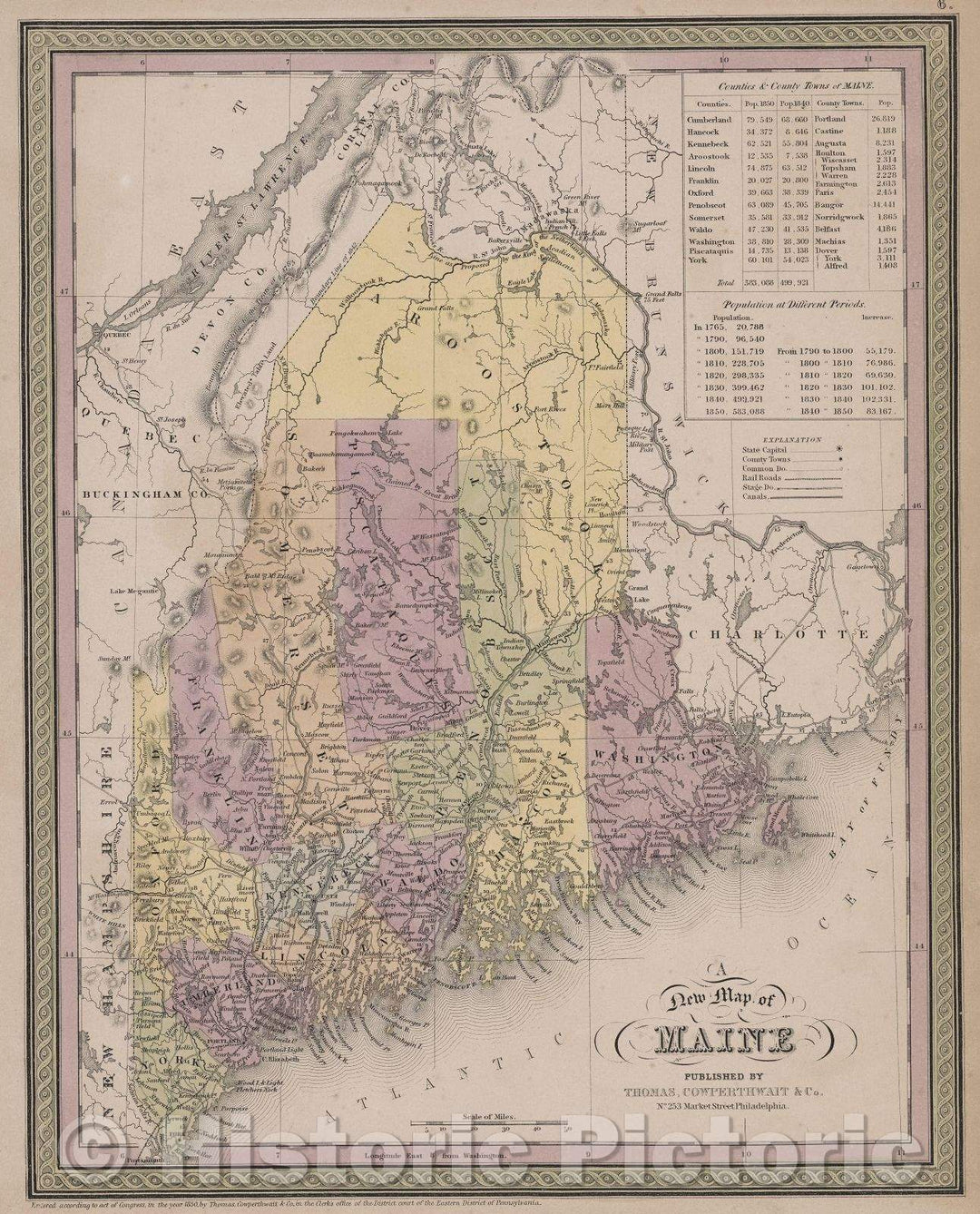 Historic Map : A New Map of Maine, 1850 , Vintage Wall Art