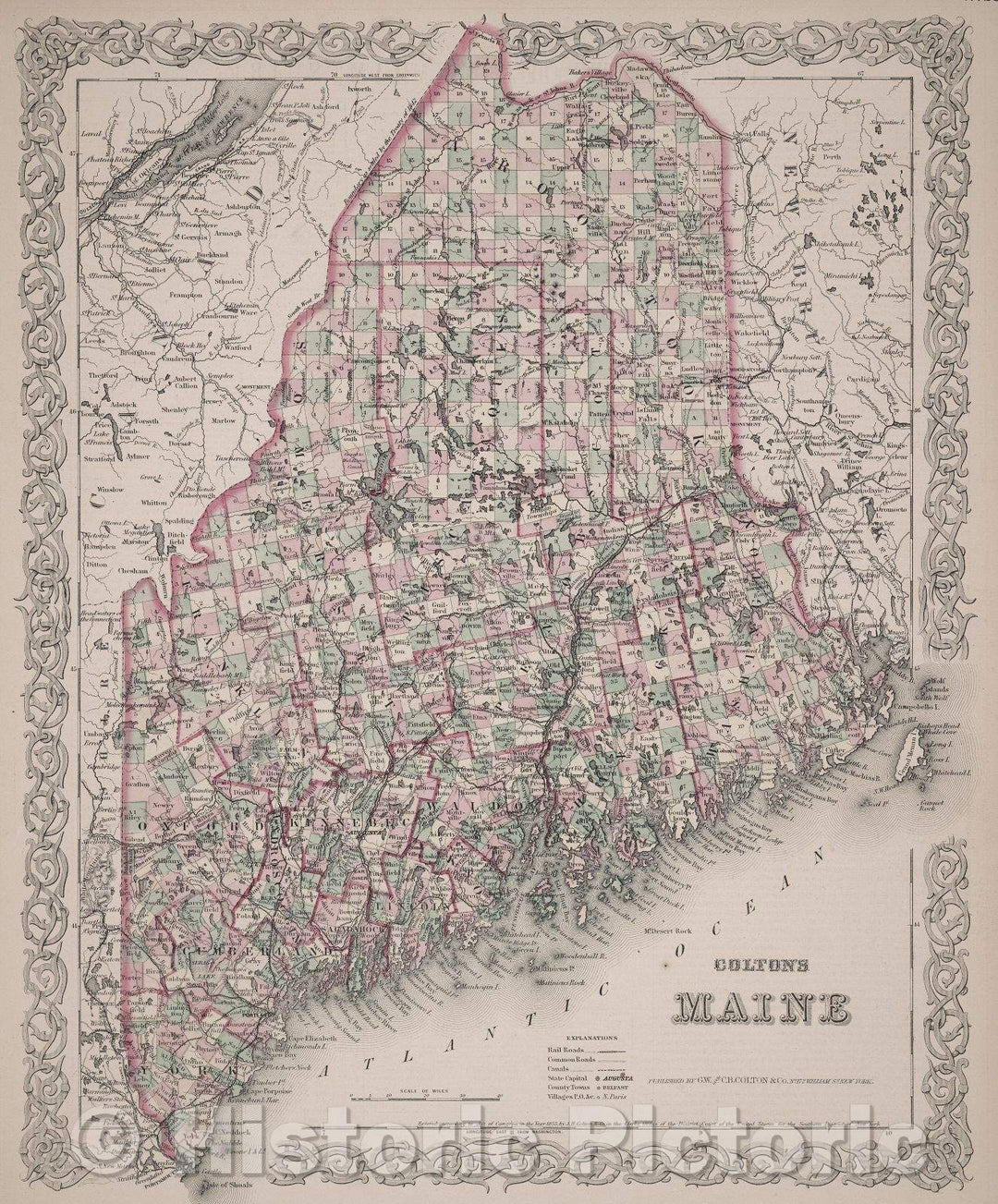Historic Map : Colton's Maine, 1855 , Vintage Wall Art