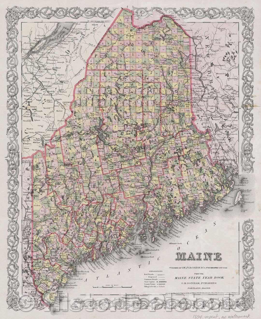 Historic Map : Maine, 1894 , Vintage Wall Art