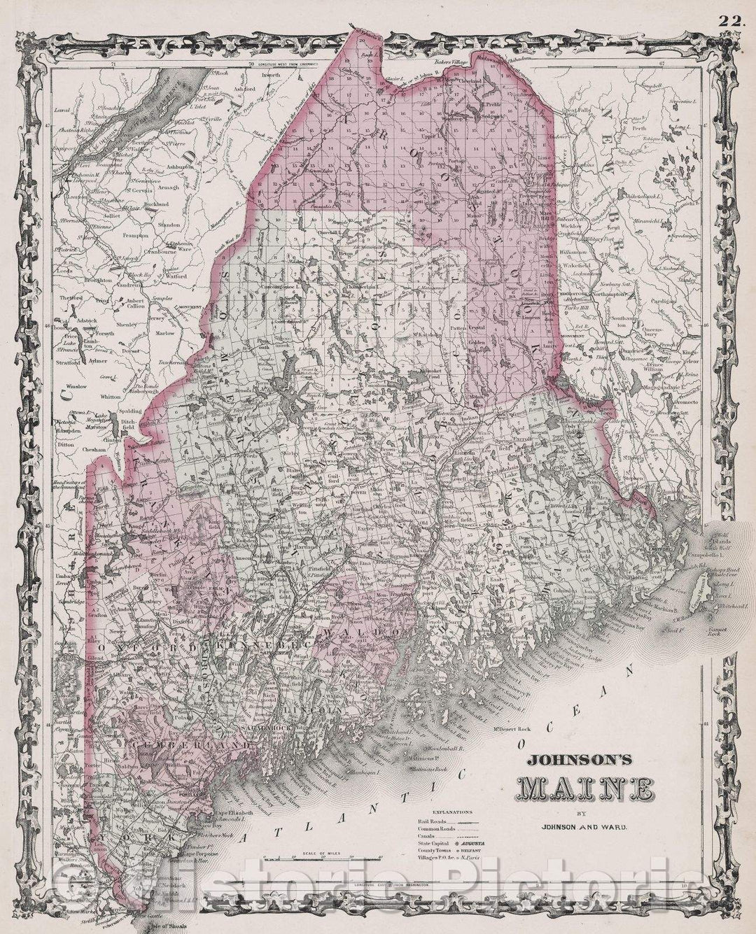 Historic Map : Johnson's Maine, 1863 , Vintage Wall Art