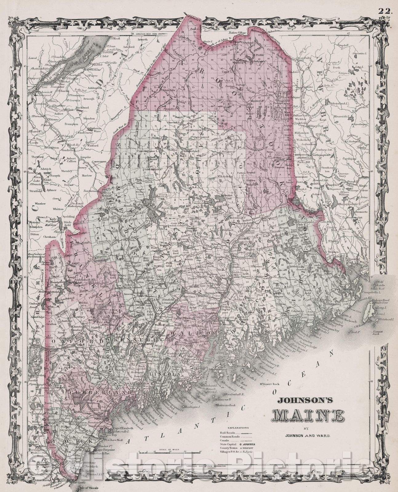Historic Map : Johnson's Maine, 1863 , Vintage Wall Art