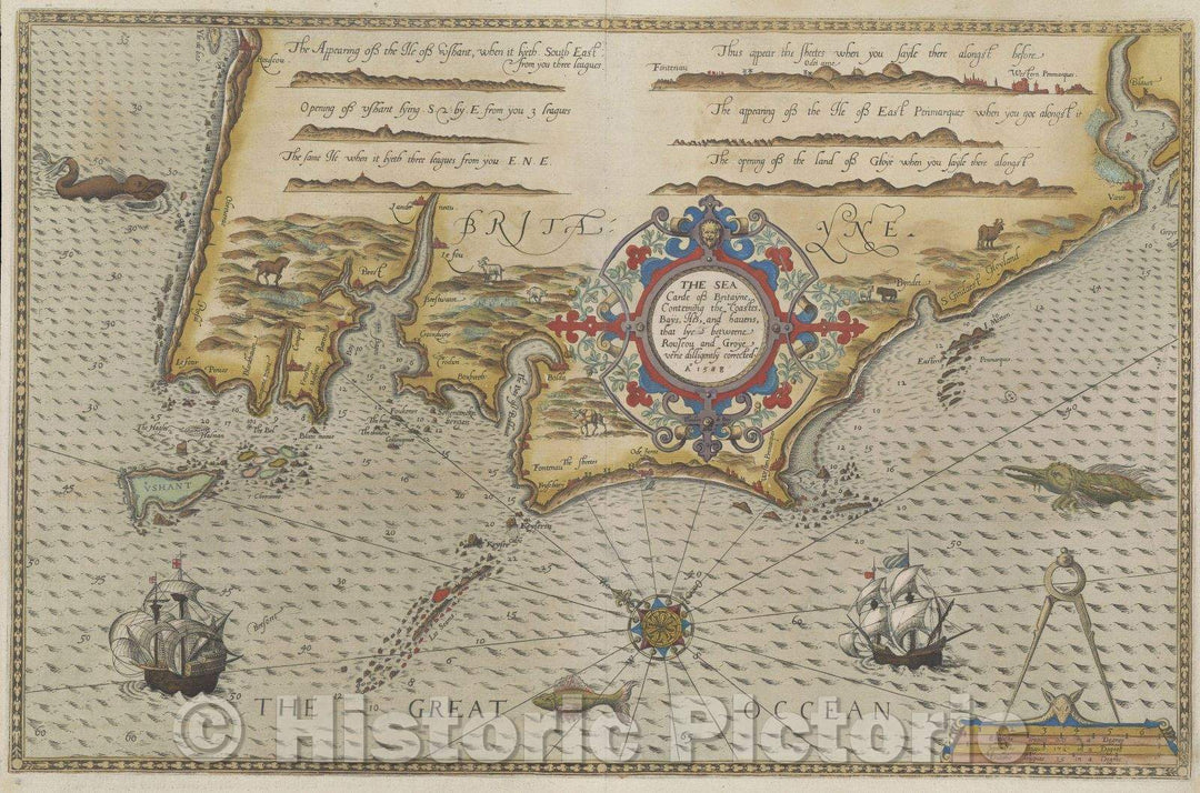 Historic Map : The sea carde of Britayne conteining the coastes, bays, iles, and havens that lye between Rouscou and Groye verie dilligently corrected., 1588 , Vintage Wall Art