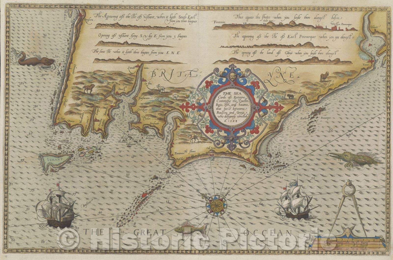 Historic Map : The sea carde of Britayne conteining the coastes, bays, iles, and havens that lye between Rouscou and Groye verie dilligently corrected., 1588 , Vintage Wall Art