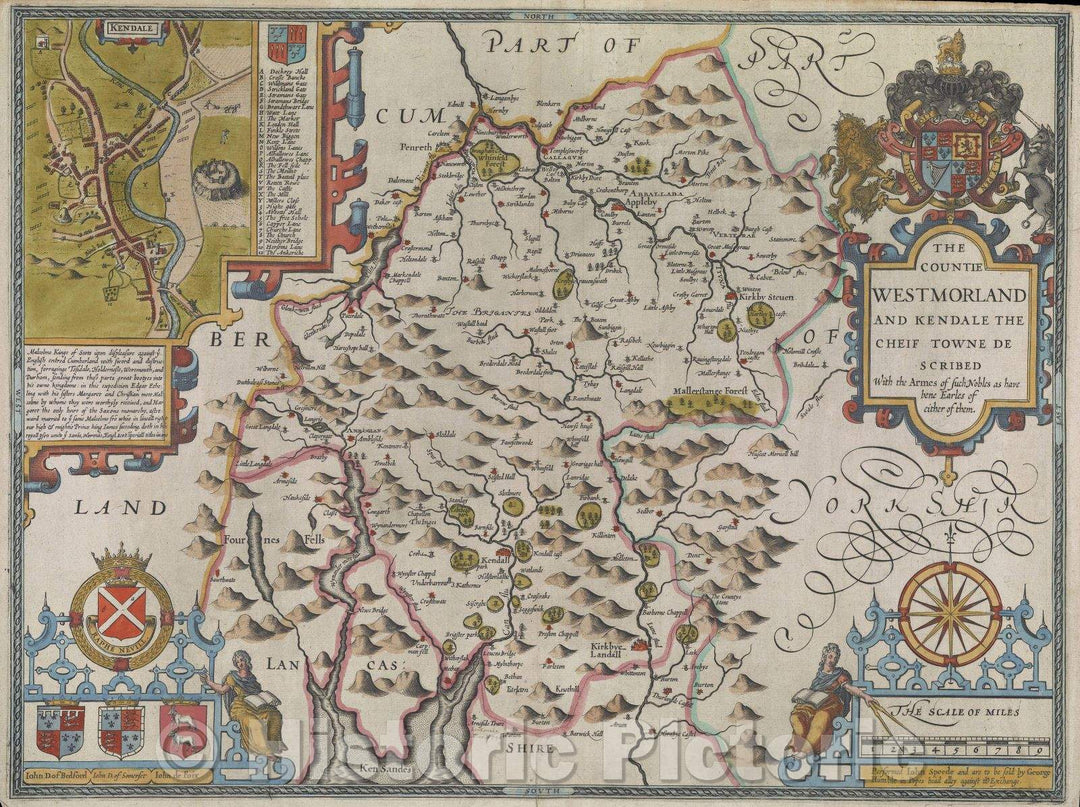 Historic Map : The countie Westmorland and Kendale the cheif towne described with the Armes of such nobles as have bene Earles of either of them., 1611 , Vintage Wall Art
