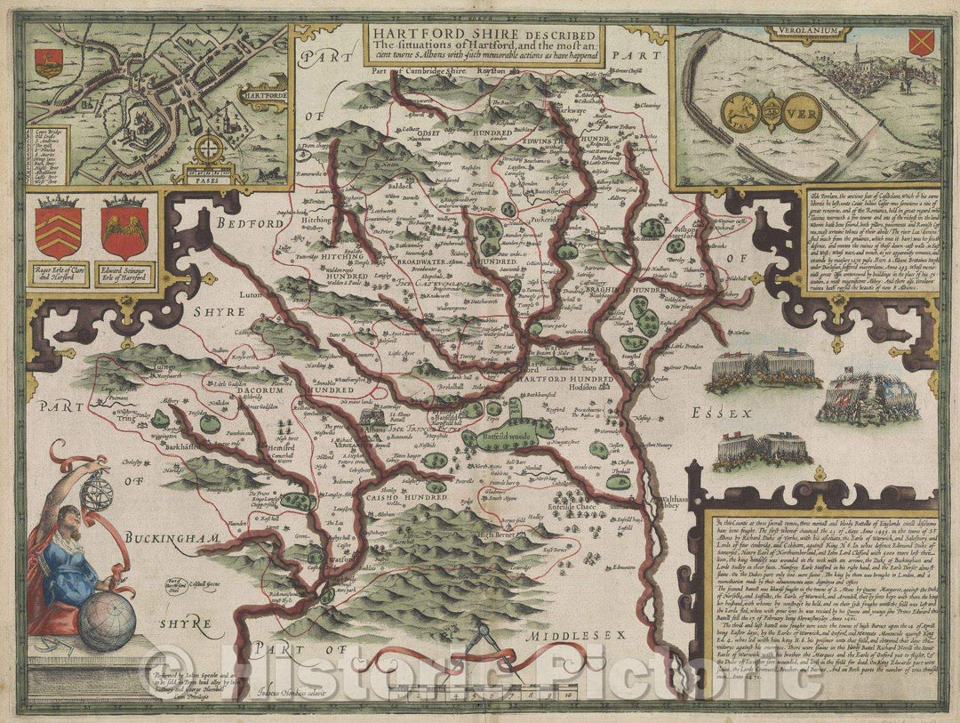Historic Map : Hartford Shire Described, the sittuations of Hartford and the most ancient towne S Albons with such memorable actions as have happened., 1611 , Vintage Wall Art