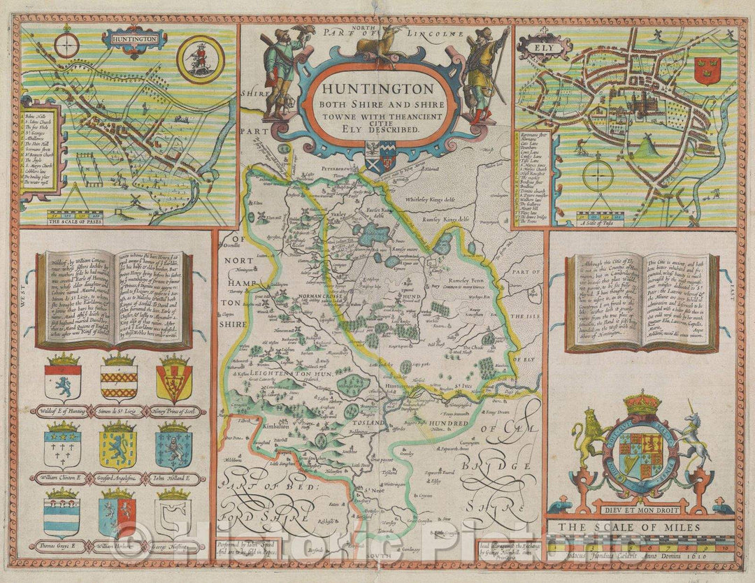Historic Map : Huntington both Shire and Shire Towne with the Ancient Citie Ely described., 1611 , Vintage Wall Art